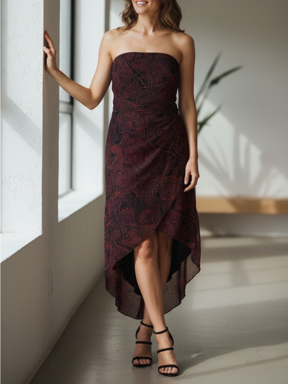 Strapless Burgundy Paisley High-Low Dress
